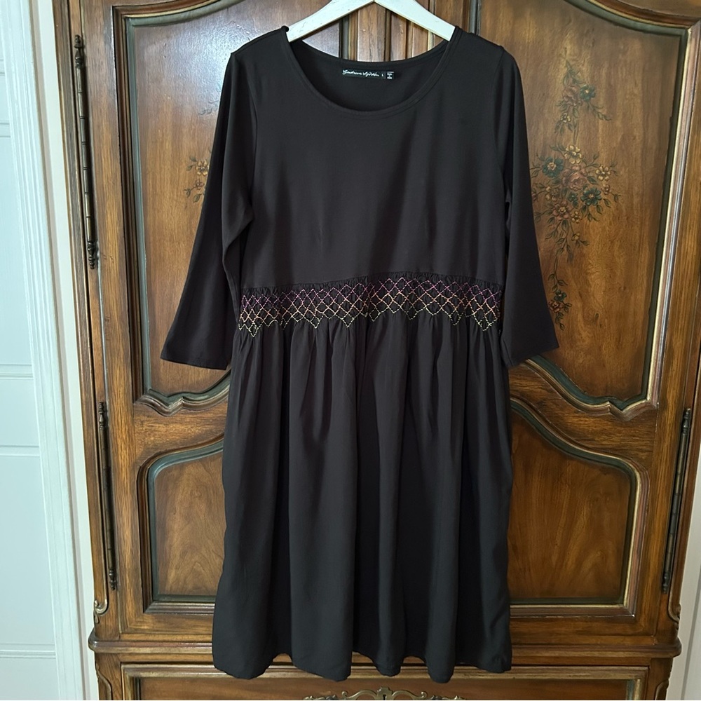 Gundrun Sjoden ~ Black Colorful Smocked 3/4 Sleeve Dress  in size Large
